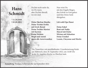 Traueranzeige von Hans Schmidt von Südthüringer Presse