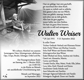 Traueranzeige von Walter Weiser von Südthüringer Presse