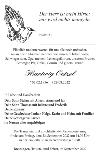 Traueranzeige von Hartwig Oetzel von Südthüringer Presse