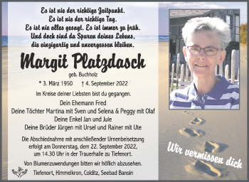 Traueranzeige von Margit Platzdasch von Südthüringer Presse