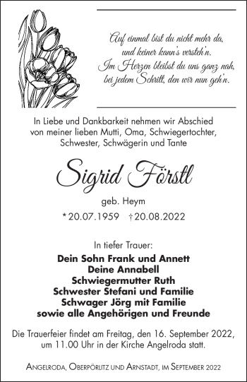 Traueranzeige von Sigrid Förstl von Südthüringer Presse