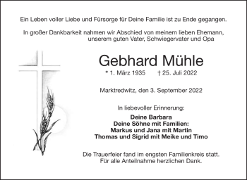 Traueranzeige von Gebhard Mühle von Frankenpost