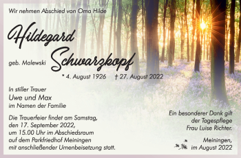 Traueranzeige von Hildegard Schwarzkopf von Südthüringer Presse