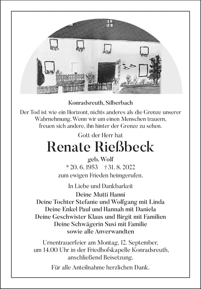  Traueranzeige für Renate Rießbeck vom 09.09.2022 aus Frankenpost