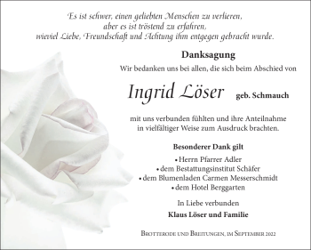 Traueranzeige von Ingrid Löser von Südthüringer Presse