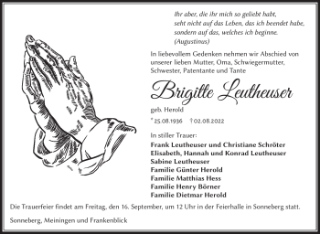 Traueranzeige von Brigitte Leutheuser von Südthüringer Presse