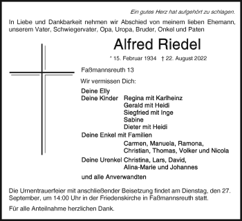 Traueranzeige von Alfred Riedel von Frankenpost