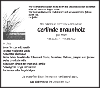 Traueranzeige von Gerlinde Braunholz von Südthüringer Presse