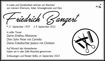 Traueranzeige von FriedrichFriedrich BangertBangert von Südthüringer Presse