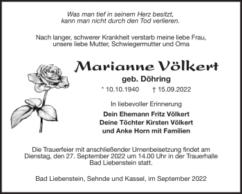 Traueranzeige von Marianne Völkert von Südthüringer Presse