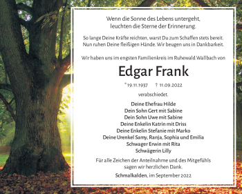 Traueranzeige von Edgar Frank von Südthüringer Presse