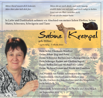 Traueranzeige von Sabine Krempel von Südthüringer Presse