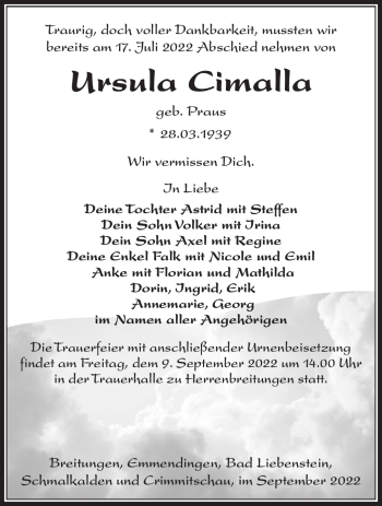Traueranzeige von Ursula Cimalla von Südthüringer Presse