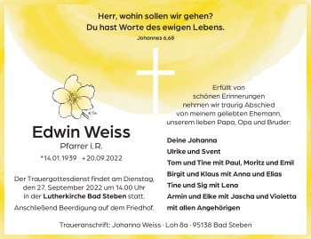 Traueranzeige von Edwin Weiss von Frankenpost