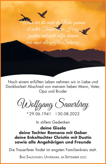 Traueranzeige von Wolfgang Sauerbrey von Südthüringer Presse