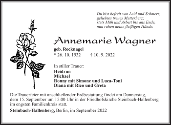 Traueranzeige von Annemarie Wagner von Südthüringer Presse