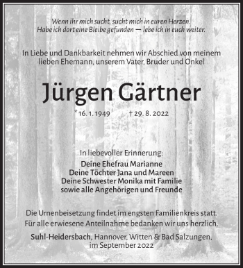 Traueranzeige von Jürgen Gärtner von Südthüringer Presse
