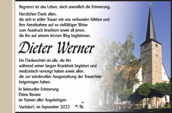 Traueranzeige von Dieter Werner von Südthüringer Presse