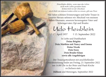 Traueranzeige von Udo Heublein von Südthüringer Presse