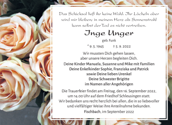 Traueranzeige von Inge Unger von Südthüringer Presse