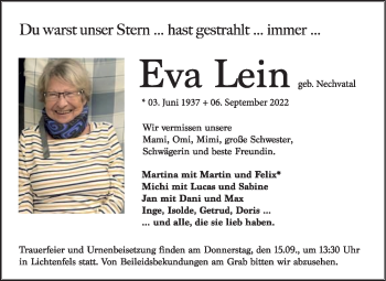 Traueranzeige von Eva Lein von Neue Presse Coburg
