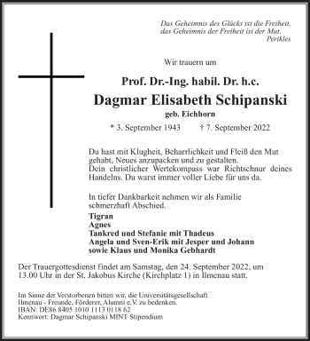 Traueranzeige von Dagmar Schipanski von Südthüringer Presse
