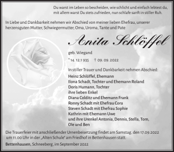 Traueranzeige von Anita Schlöffel von Südthüringer Presse