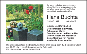 Traueranzeige von Hans Buchta von Frankenpost