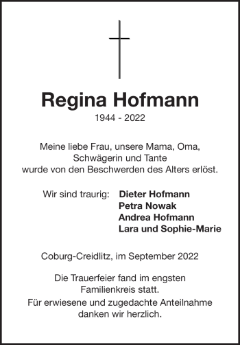 Traueranzeige von Regina Hofmann von Neue Presse Coburg