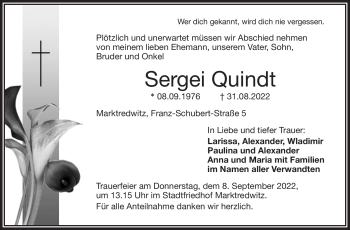 Traueranzeige von Sergei Quindt von Frankenpost