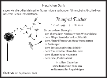 Traueranzeige von Manfred Fischer von Südthüringer Presse