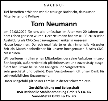 Traueranzeige von Tom Neumann von Südthüringer Presse