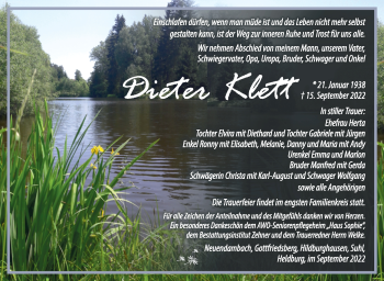 Traueranzeige von Dieter Klett von Südthüringer Presse
