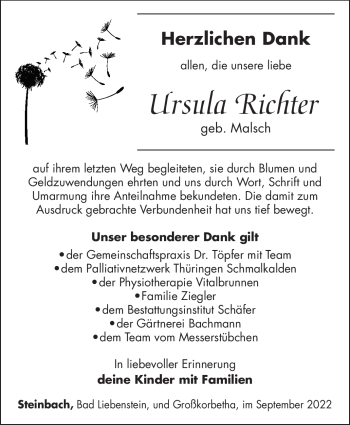 Traueranzeige von Ursula Richter von Südthüringer Presse