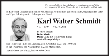 Traueranzeige von Karl Walter Schmidt von Südthüringer Presse