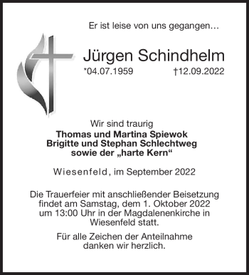Traueranzeige von Jürgen Schindhelm von Neue Presse Coburg