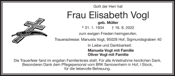 Traueranzeige von elisabeth Vogl von Frankenpost