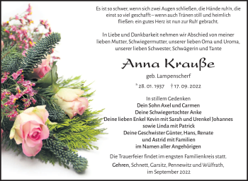 Traueranzeige von Anna Krauße von Südthüringer Presse