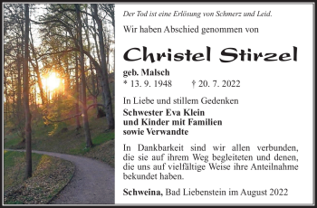 Traueranzeige von Christel Stirzel von Südthüringer Presse