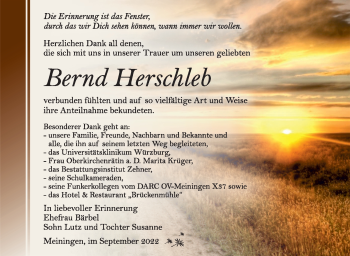 Traueranzeige von Bernd Herschleb von Südthüringer Presse