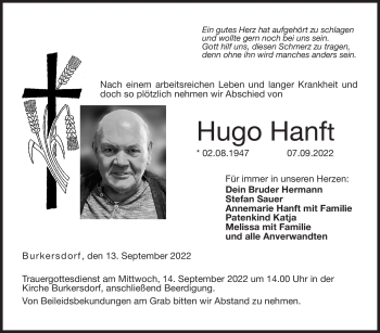 Traueranzeige von Hugo Hanft von Neue Presse Coburg