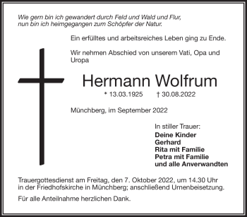Traueranzeige von Hermann Wolfrum von Frankenpost