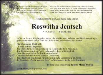 Traueranzeige von Roswitha Jentsch von Südthüringer Presse