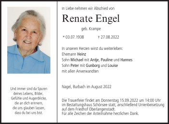 Traueranzeige von Renate Engel von Neue Presse Coburg
