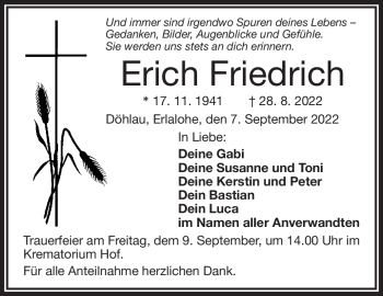 Traueranzeige von Erich Friedrich von Frankenpost