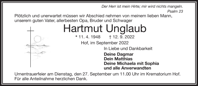  Traueranzeige für Hartmut Unglaub vom 24.09.2022 aus Frankenpost