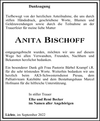 Traueranzeige von Anita Bischoff von Südthüringer Presse