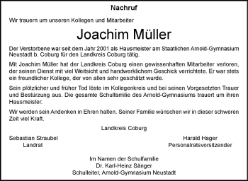 Traueranzeige von Joachim Müller von Neue Presse Coburg