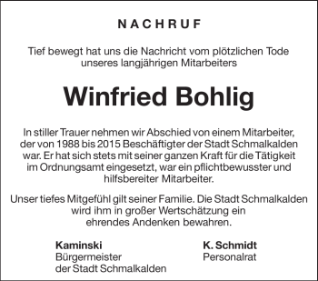 Traueranzeige von Winfried Bohlig von Südthüringer Presse
