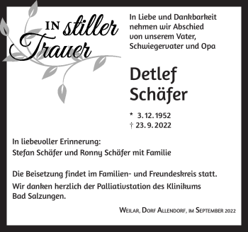 Traueranzeige von Detlef Schäfer von Südthüringer Presse